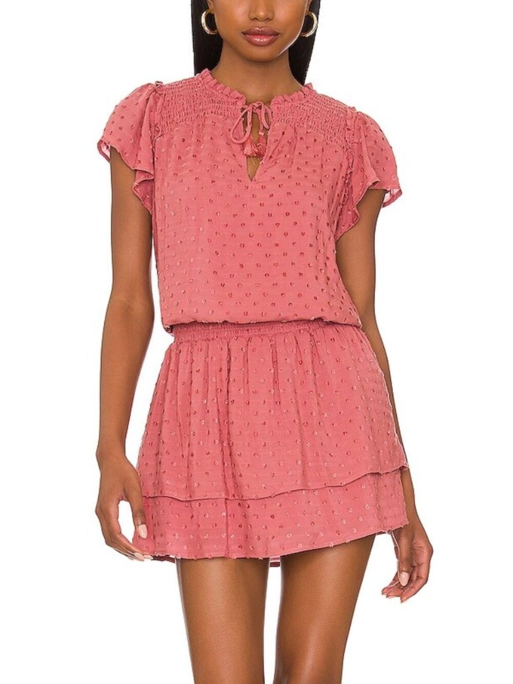 PAIGE Cristina Swiss Dot Mini Dress Mauve Pink Smocked Size Small